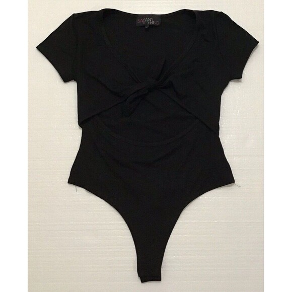 Say Anything Top Solid Black Thong Bodysuit Medium Peek a Boo Mid Section PREOWN - Picture 1 of 4
